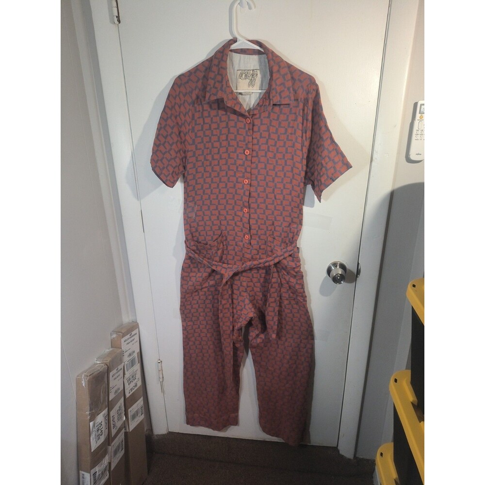 Ace & Jig Blue Orange Checkered Geometric Woven Cotton Belted Jumpsuit M